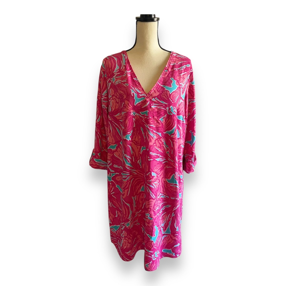 Lilly Pulitzer Arielle Tunic Shift Dress Sea Blue Flirty Sea Pink Blue V-Neck XL